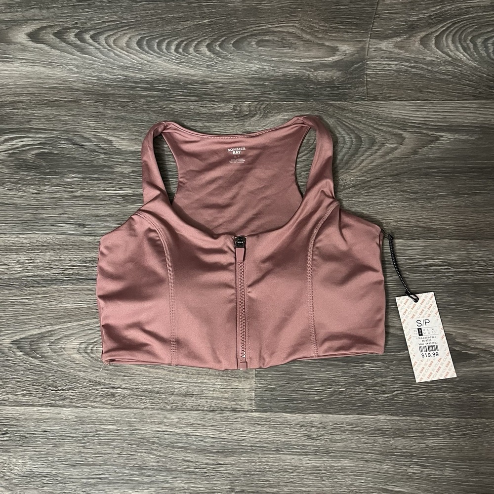 Sommer Ray Longline Sports Bra Sz S Rose Pink Zip Front Removable Cups NWT